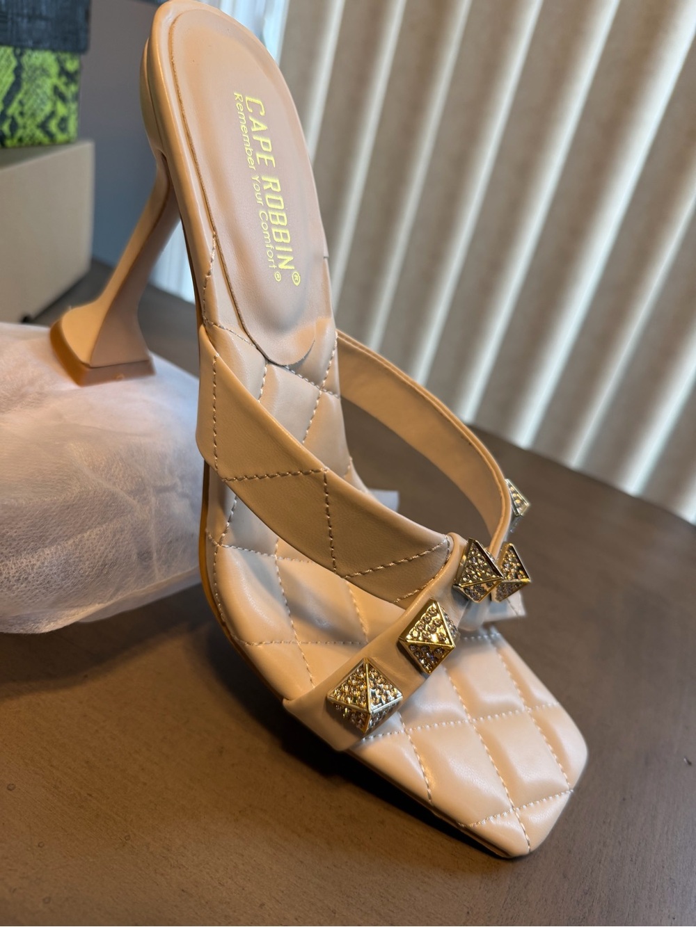 Cape Robbin Beige Quilted High Heel Slide with Gold Studs size 11